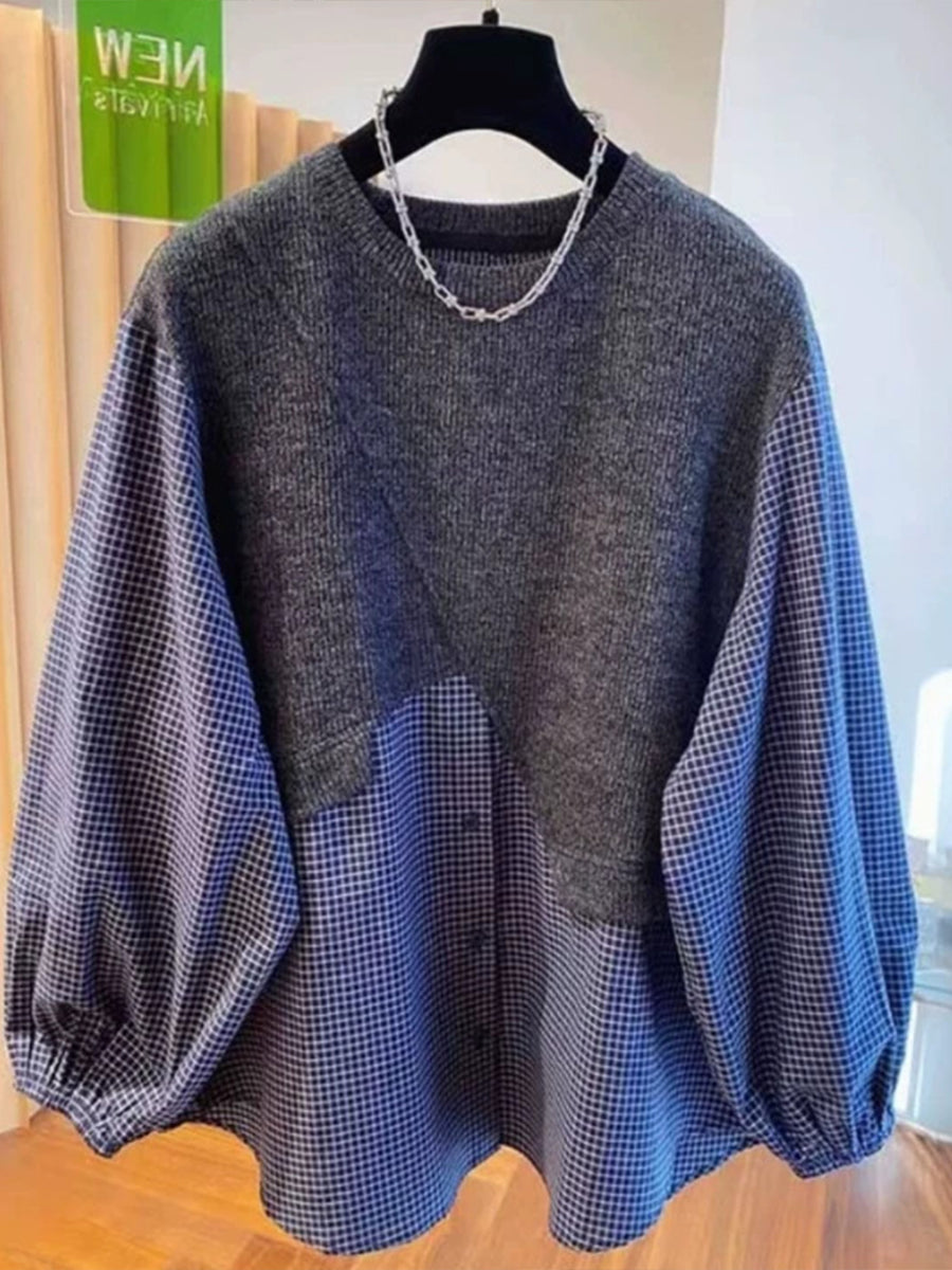 Casual Patchwork Cotton-plaid Knit Top