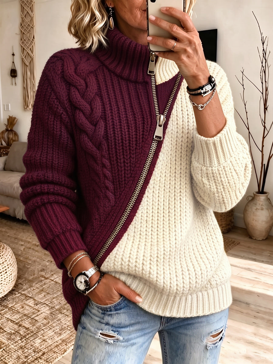 Cozy Colorblock Diagonal-Zip Knit Pullover