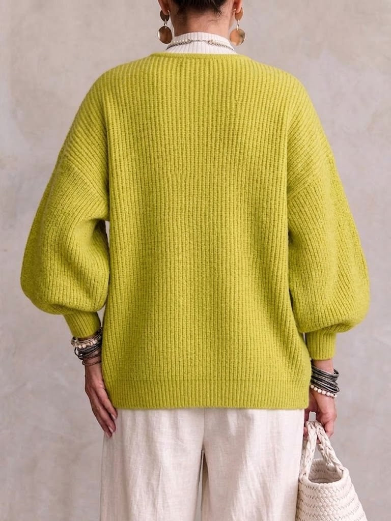 Asymmetric-button Knit Cardigan With Irregular Lantern Sleeves