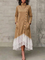 High-neck, Asymmetrical-button, Faux-suede And Mesh-panelled Irregular-hem Dress