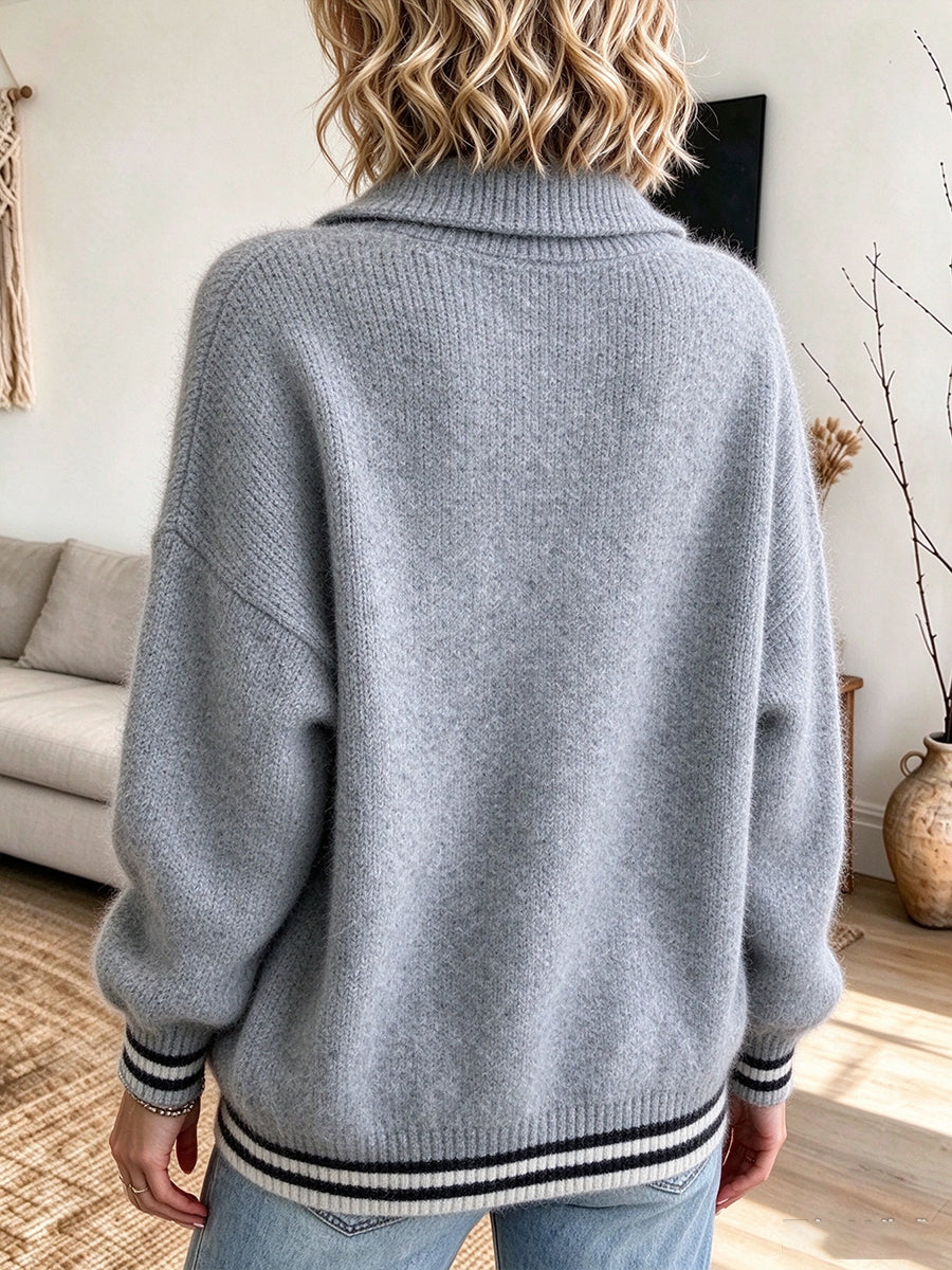Cozy, Casual, Half-zip Wool-blend Sweater With Striped Cuffs