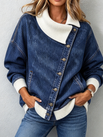Casual Asymmetric Denim Contrast-knit Jacket