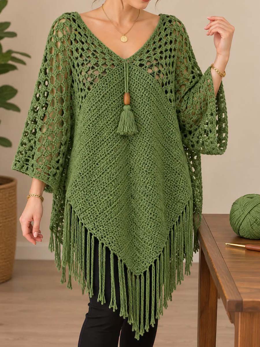 Women's Crochet V-neck Fringed Poncho Top