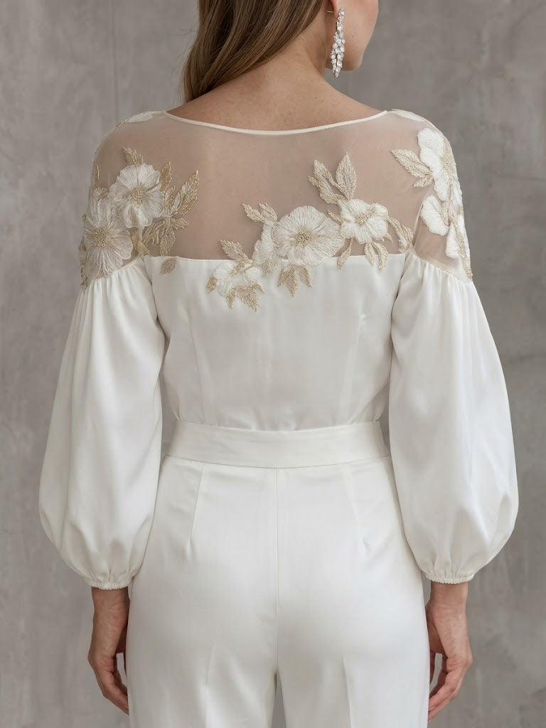 Satin Off-shoulder Lantern-sleeve Top With Mesh Appliqué