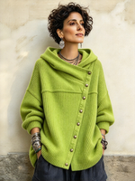Chic Oversized Ribbed Asymmetrical Button Hooded Sweater