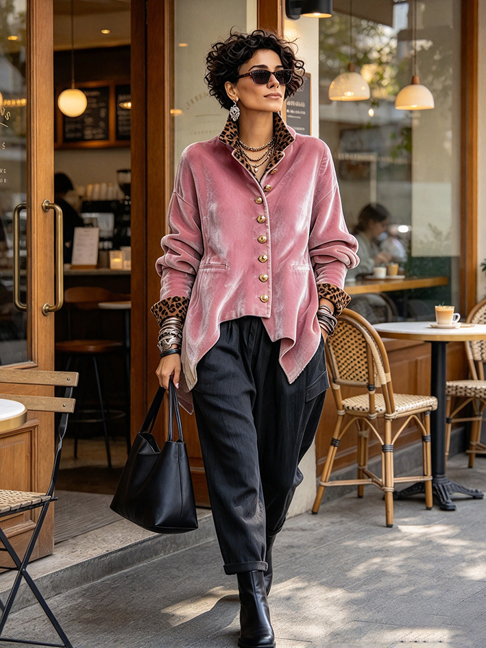 Elegant Chic Leopard Print Pink Velvet Jacket