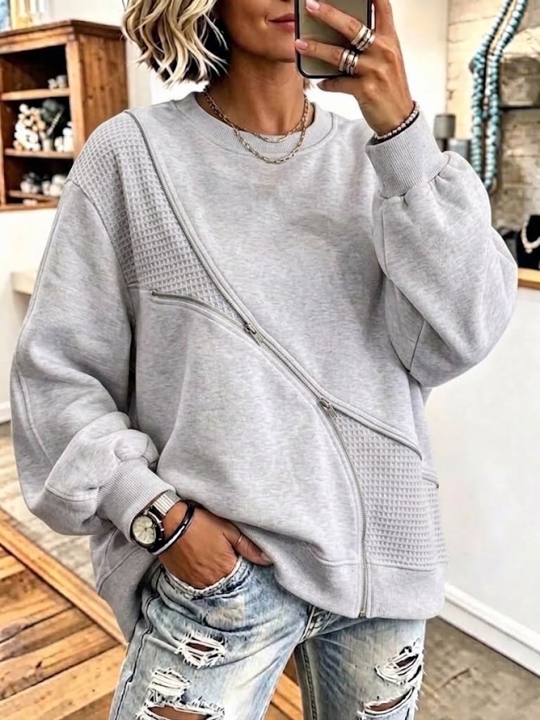 Waffle-knit Crewneck Sweatshirt With Diagonal Zipper Detail