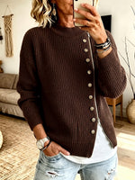 Chic Asymmetric Zip & Button Ribbed Knit Pullover