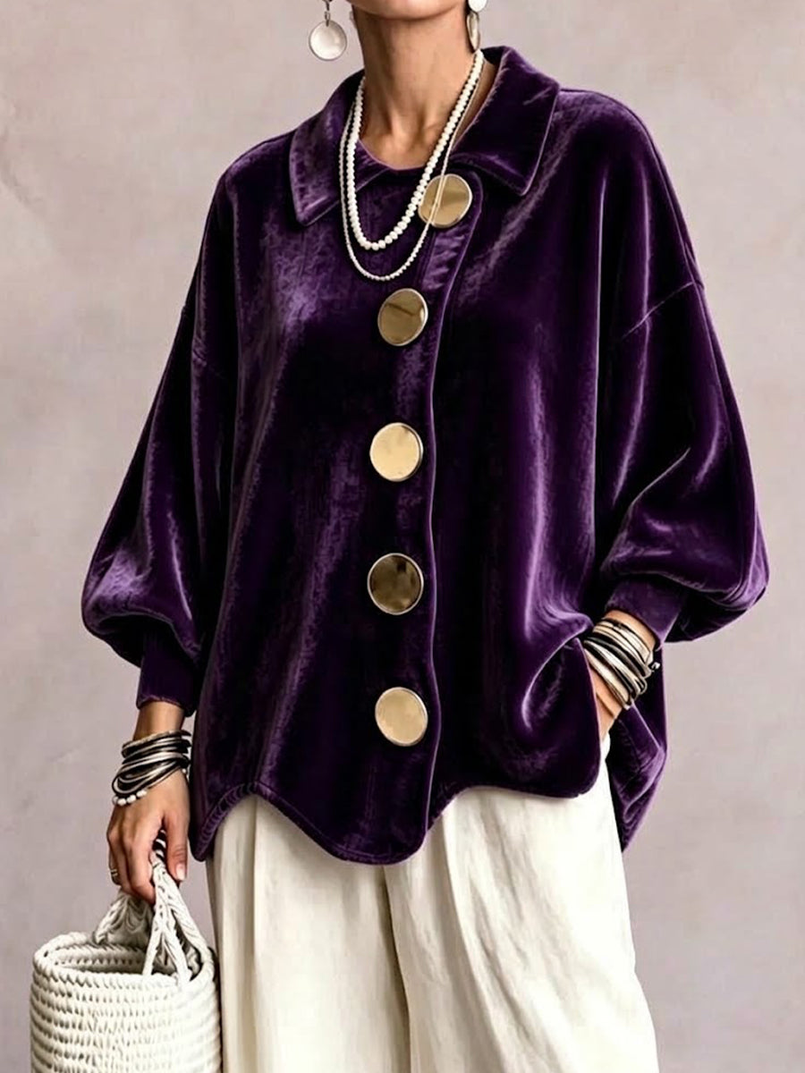 Oversized Velvet Coat Featuring Large Lapels, Large Buttons, And Lantern Sleeves