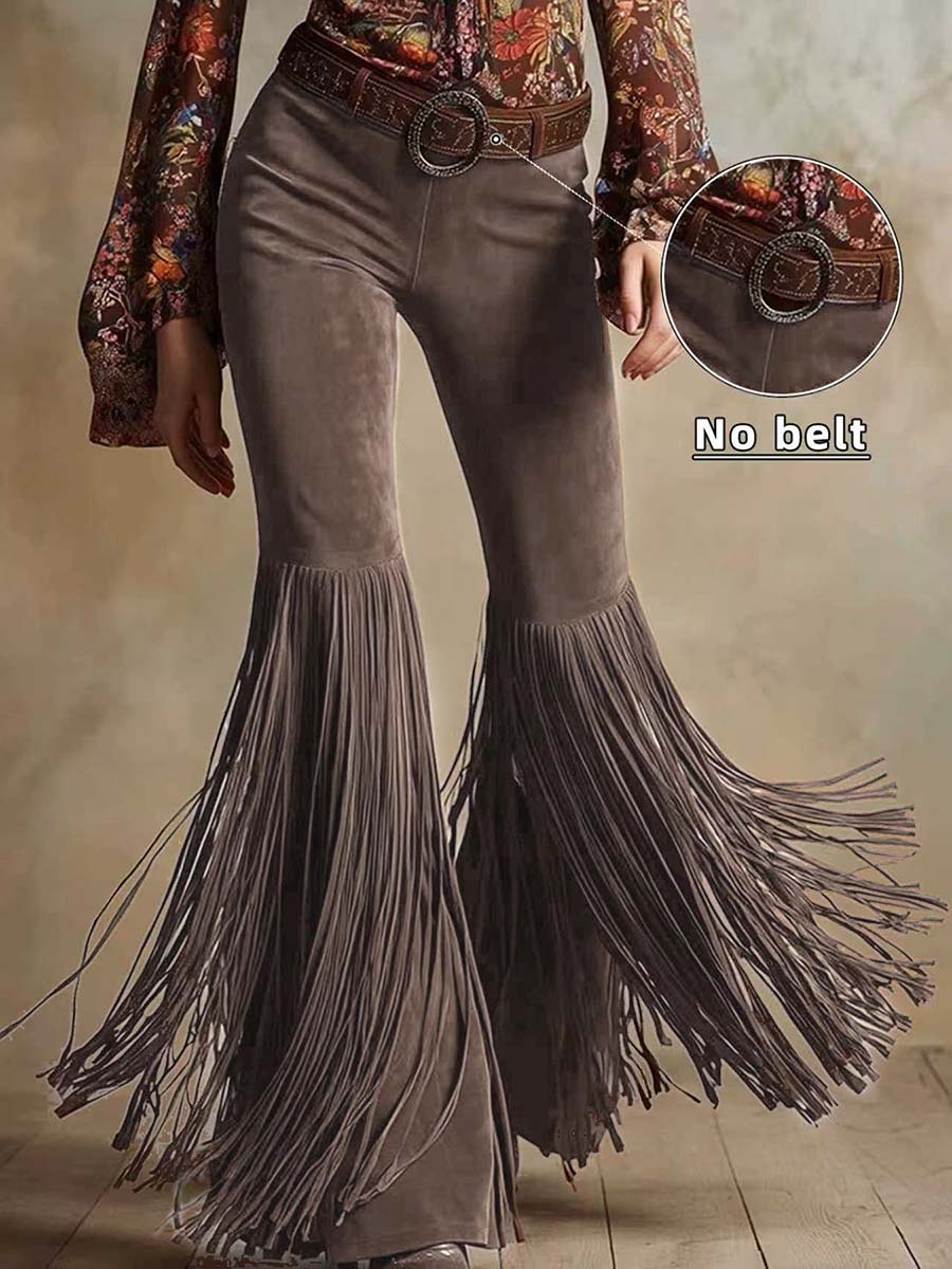 Women's Western Faux Suede Fringe Flare Pants