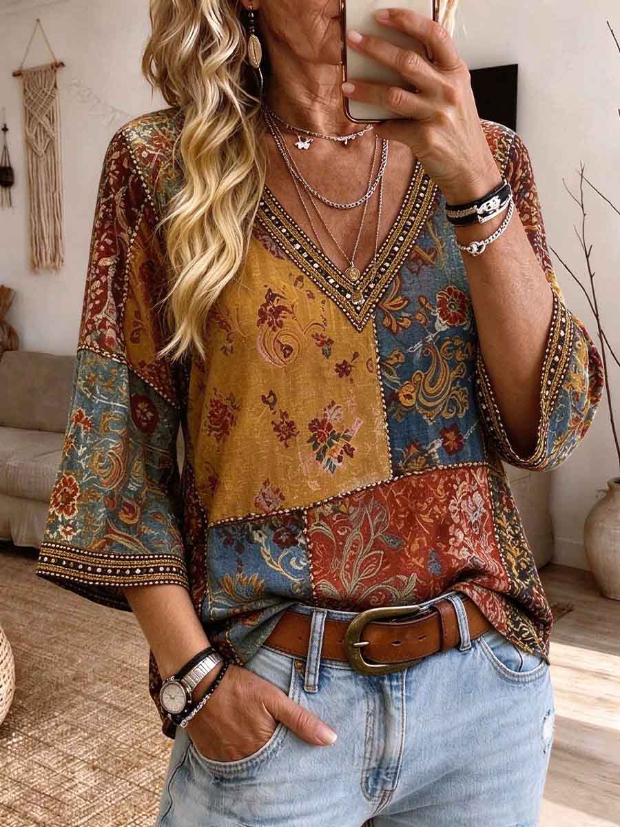 Women's Bohemian Floral Patchwork V-Neck Blouse Vintage 3/4 Sleeve Casual Top