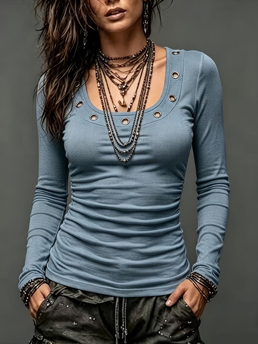 Women's Long Sleeve Ruched Top With Eyelet Neckline
