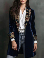 Navy Velvet Longline Blazer With Ornate Embroidered Lapels