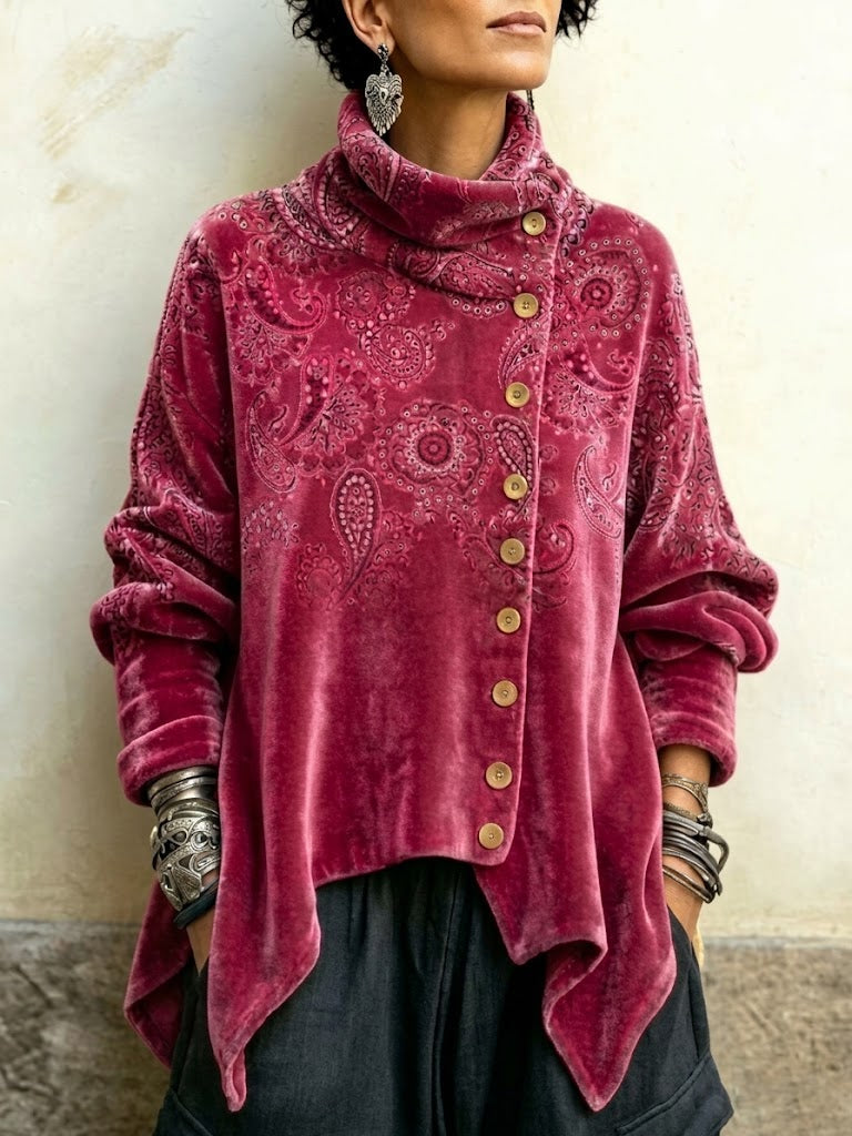 Velvet High-neck Top Featuring A Paisley Pattern And An Asymmetrical Button-front Design