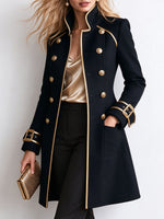 Women's Military Style Long Black Coat with Gold Trim.