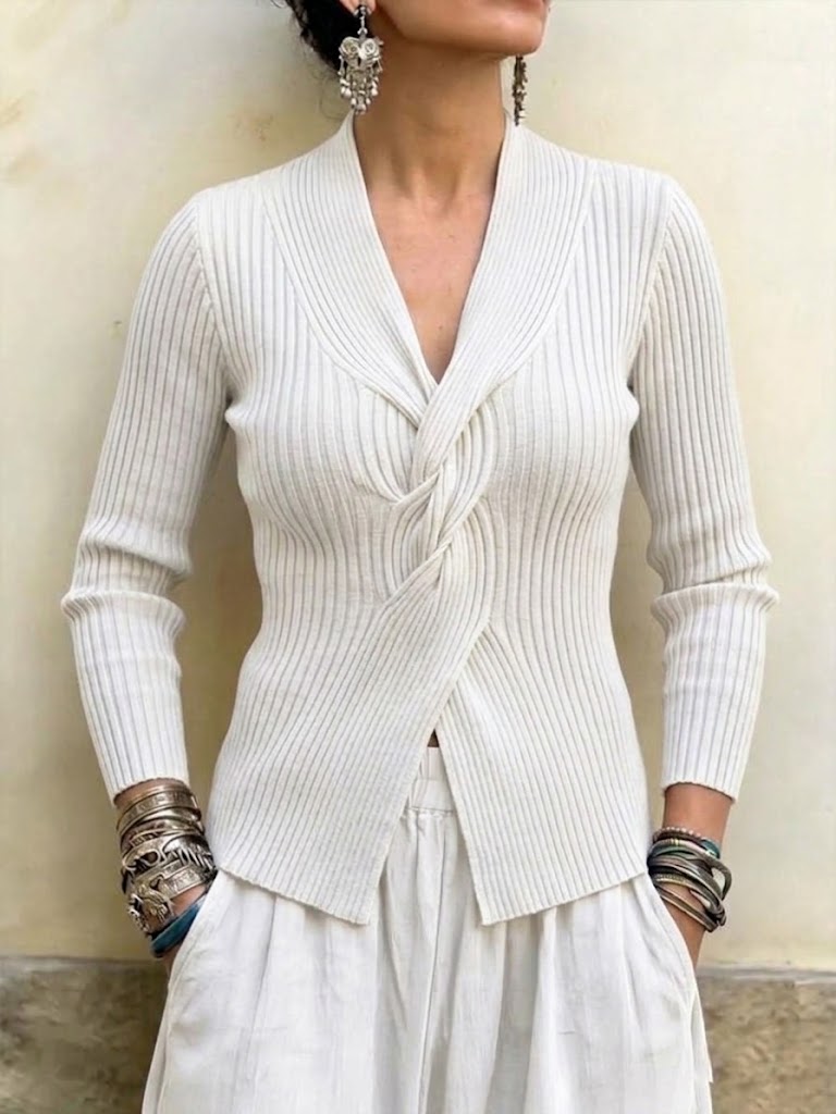 Twist-front V-neck Ribbed Slim-fit Knit Top