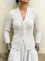Twist-front V-neck Ribbed Slim-fit Knit Top