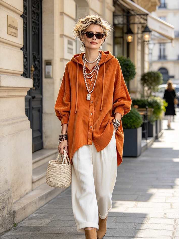 Relaxed Oversized Textured Orange Hooded Button-down Shirt