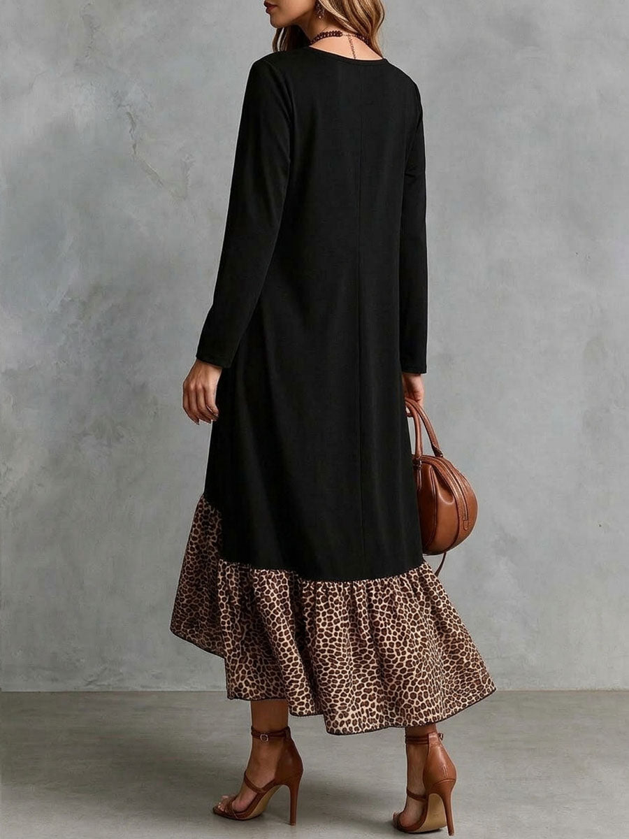 Women's Long Sleeve Black Maxi Dress With Leopard Print Ruffle Hem.