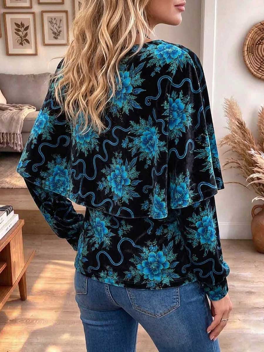 Women's Floral Velvet Draped Cowl Neck Overlay Blouse