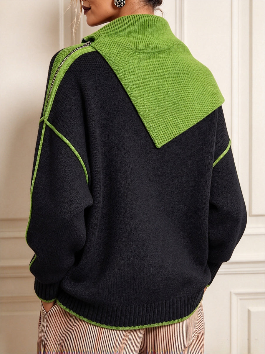 Contrast Trim Asymmetric Zip Knit Pullover