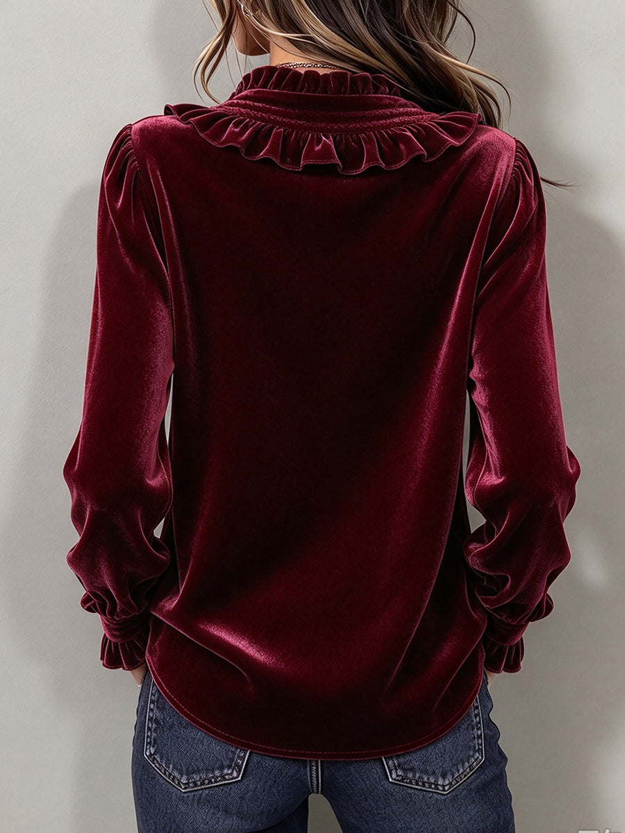 Chic Christmas Ruffled Velvet Shirt