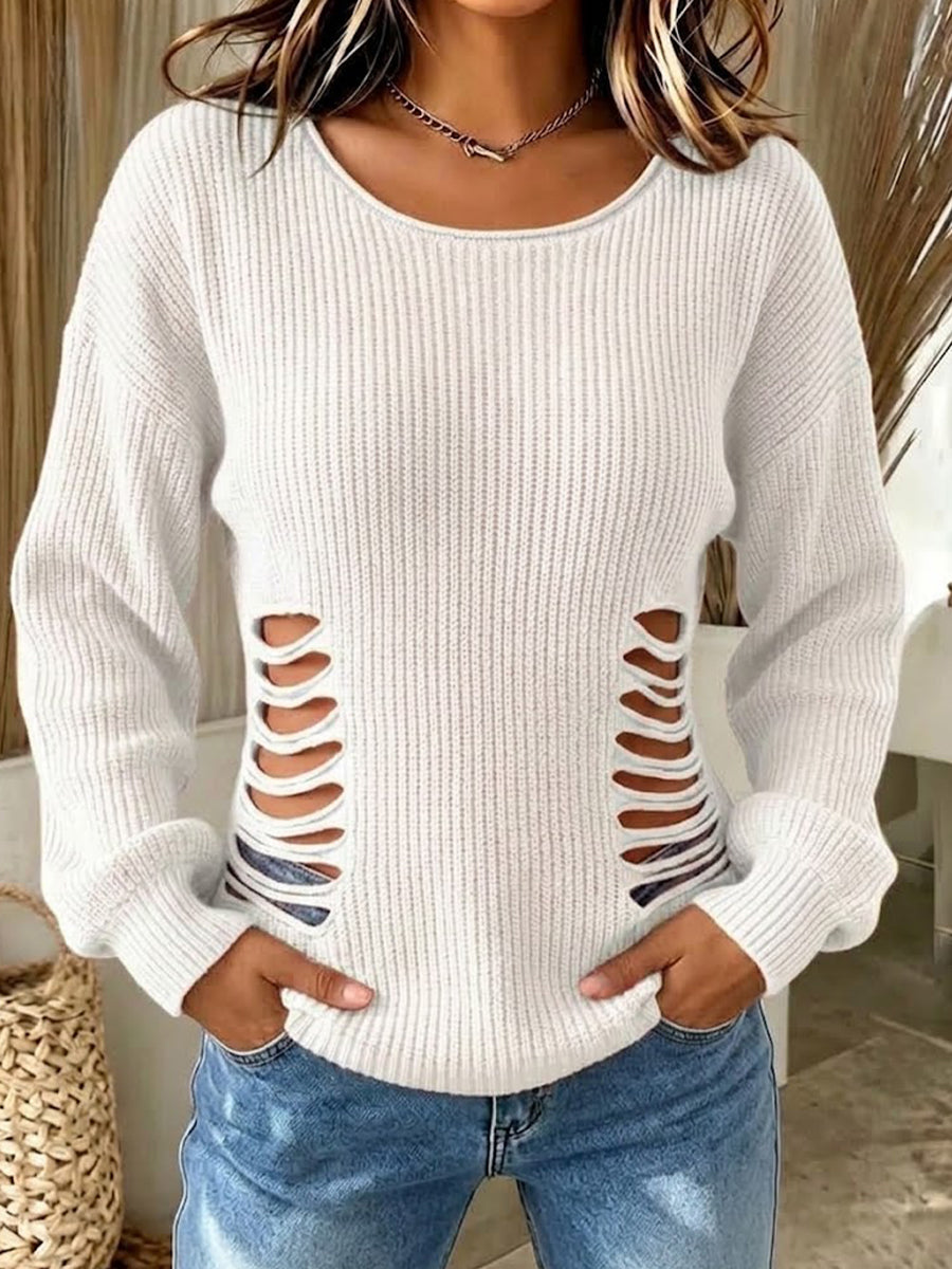 Distressed Cutout Round Neck Knit Top