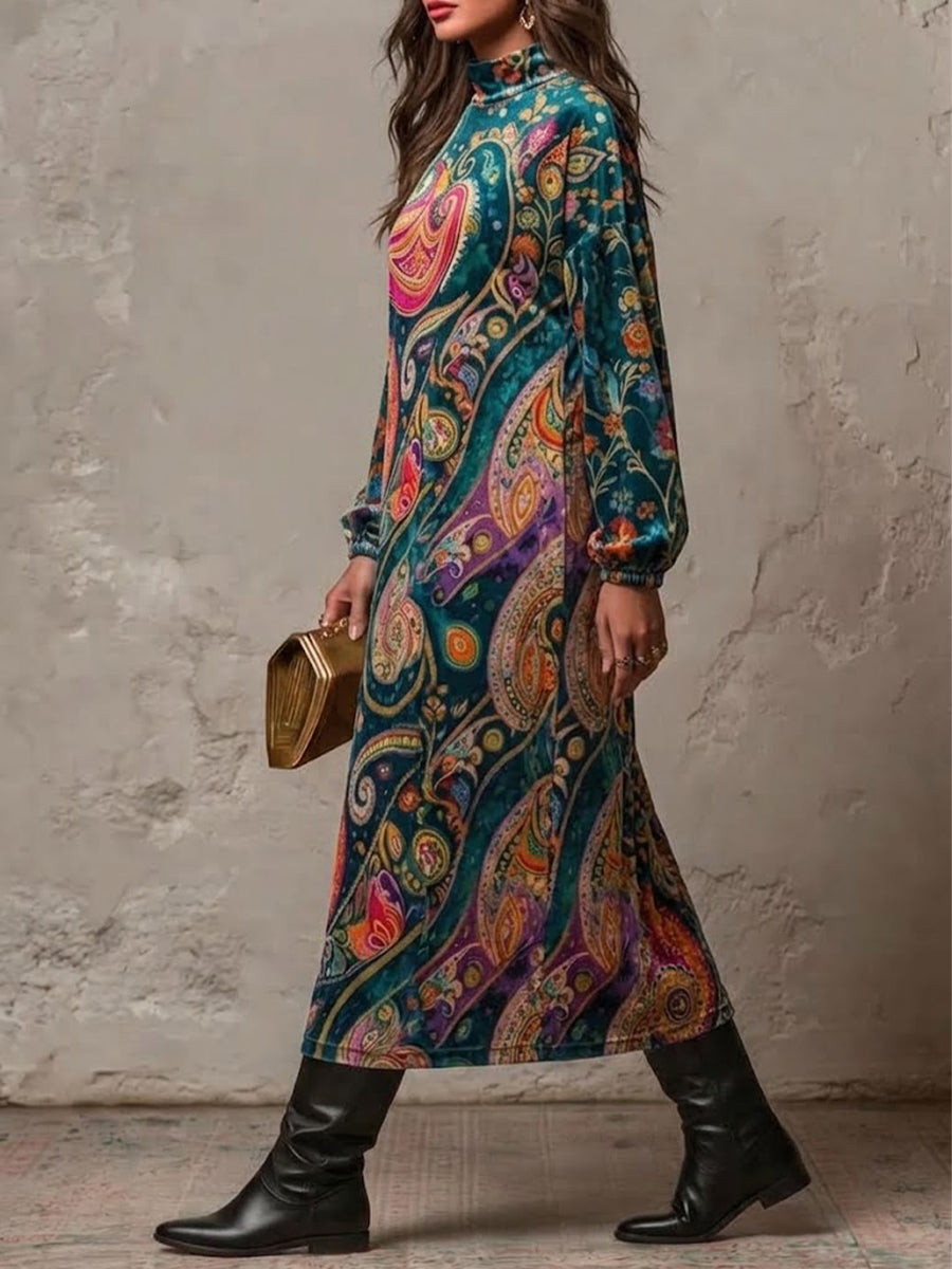 Vintage Paisley Print Velvet High Neck Long Sleeve Midi Dress