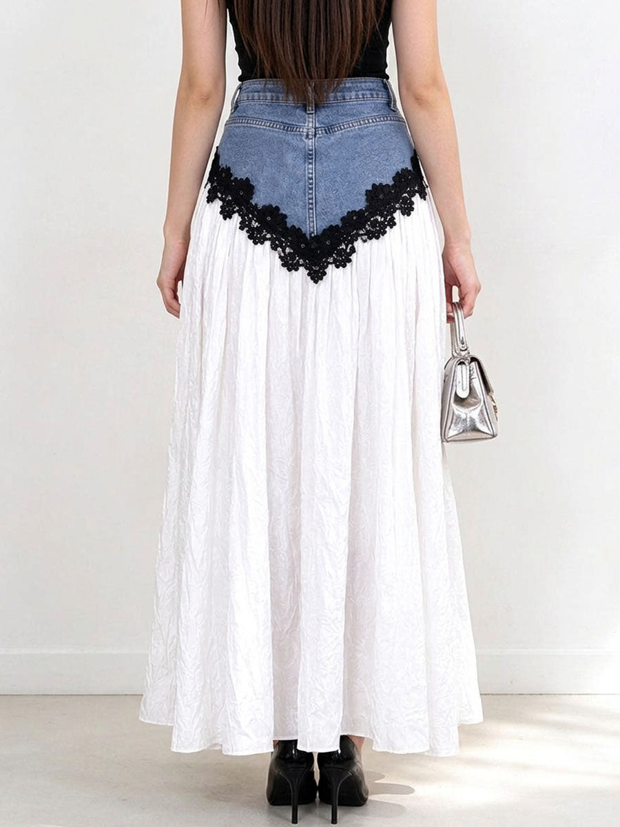 Women's Spliced Denim Maxi Skirt With Black Lace Trim