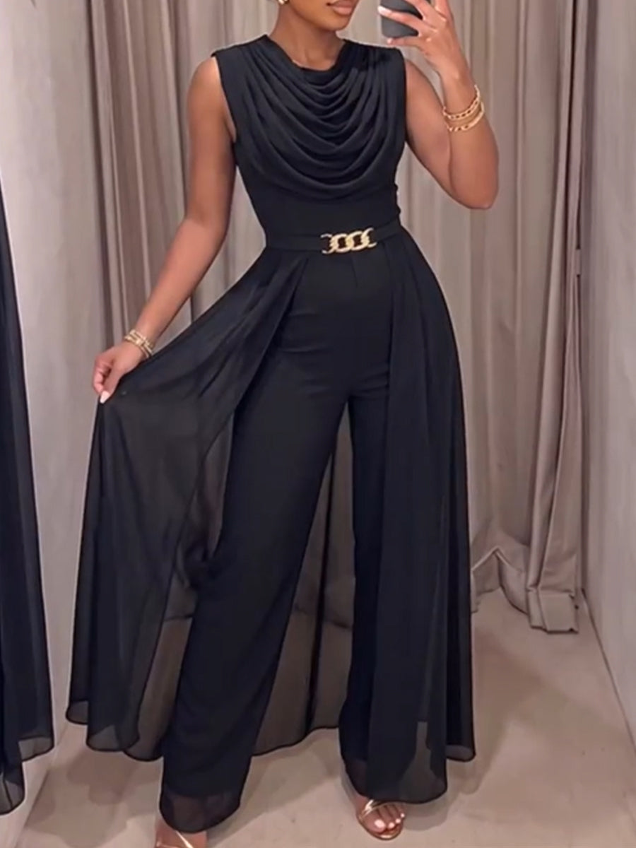 Chic Black Draped Chiffon Layered Jumpsuit