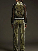 Women's Leopard Print Velvet Set: Long-sleeve Stand-collar Jacket With Mesh Paneling & High-waisted Wide-leg Pants (relaxed Fit)