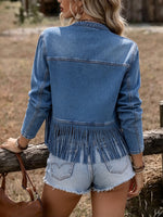 Studded Fringed Open-Front Denim Jacket