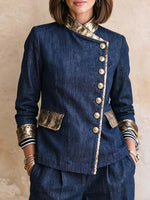 Women's Loose-fit Denim Top With Stand Collar, Long Sleeves, And Gold Contrast Trim