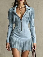 Faux Suede Zip-Up Fringe Western Mini Dress