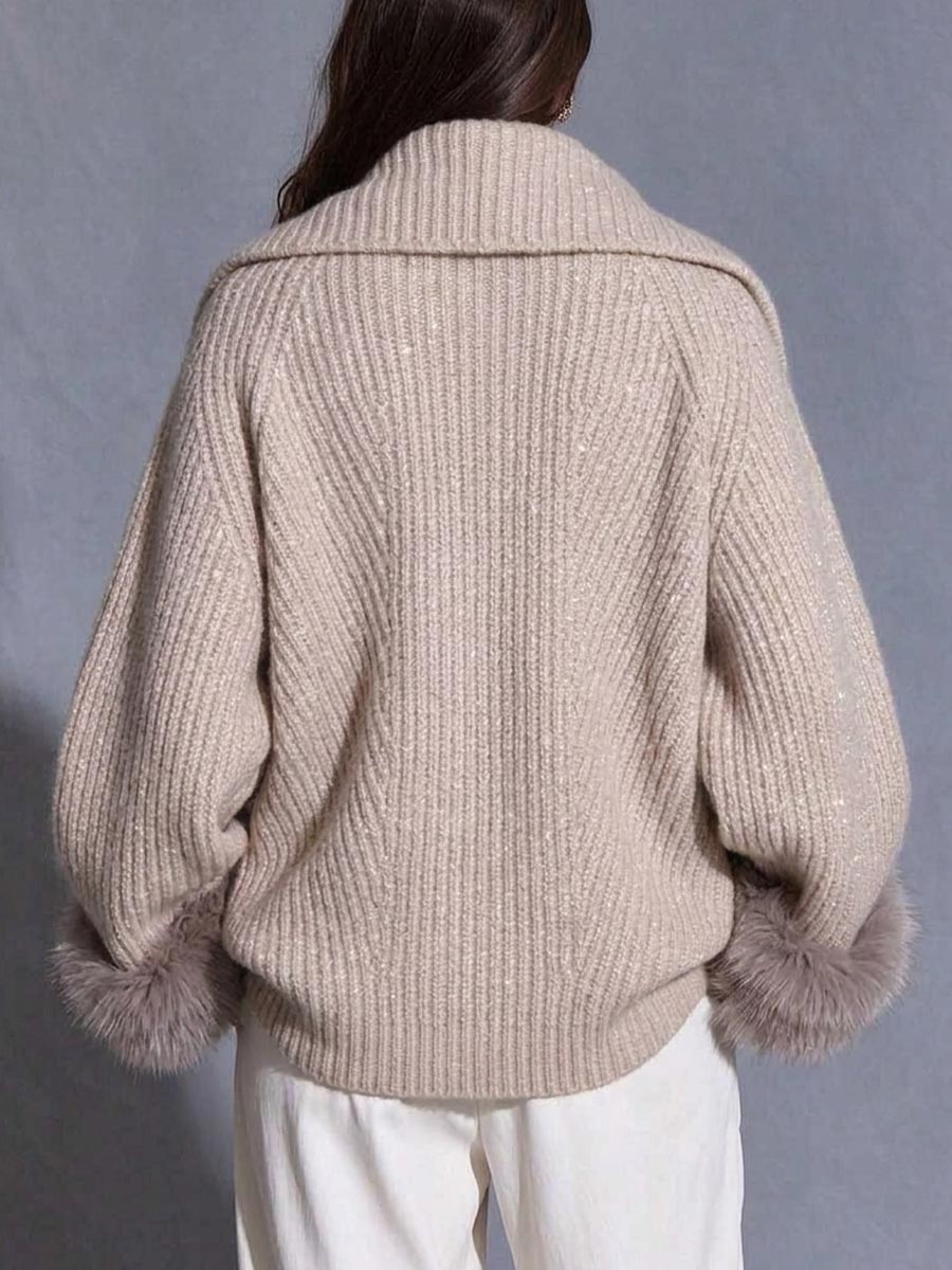 Beige Sequin-embellished Knit Coat With Faux Fur Cuffs