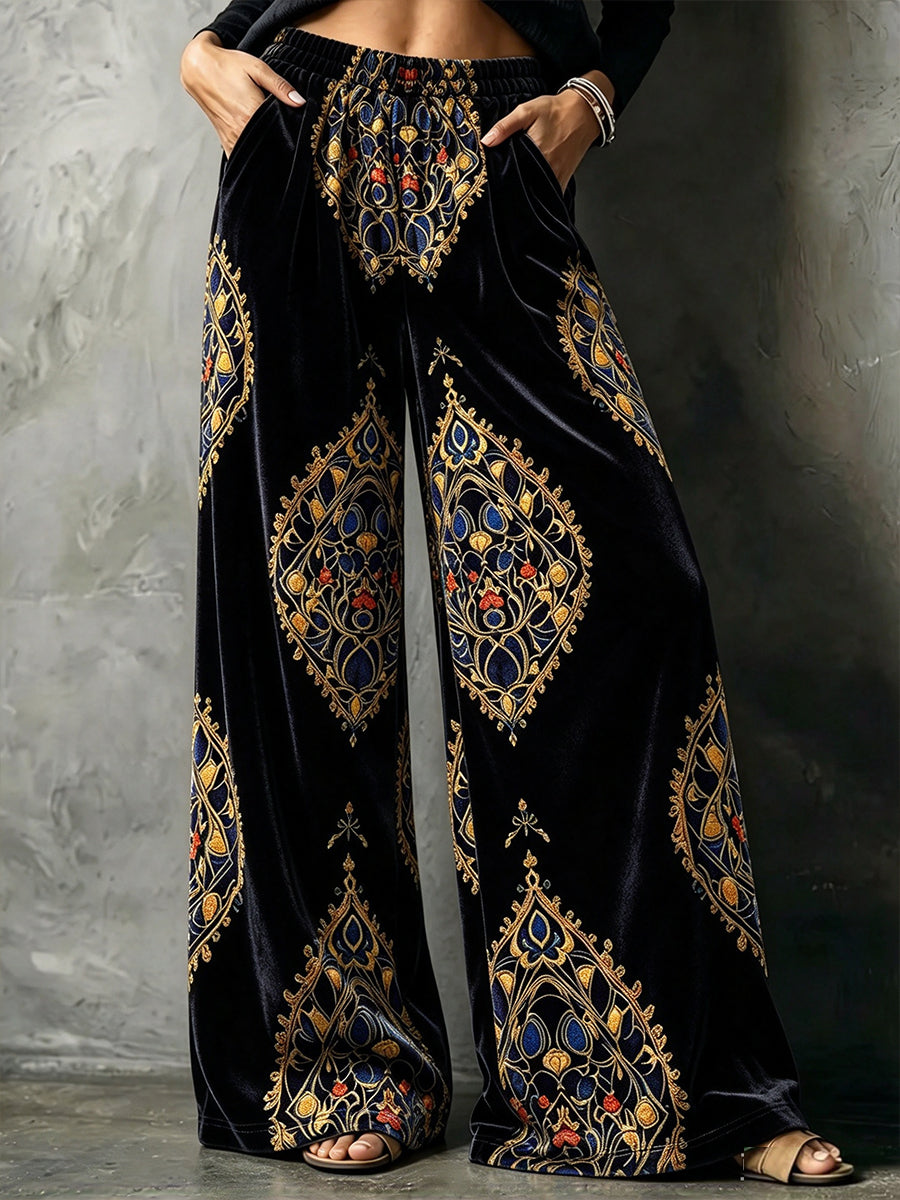 Bohemian-style Ornate-print Velvet Wide-leg Trousers With An Elasticated Waist