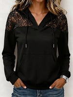 Women's Solid Color Lace-panel Long-sleeve Casual Loose Hooded Pullover Sweatshirt