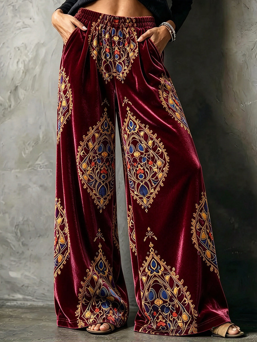 Bohemian-style Ornate-print Velvet Wide-leg Trousers With An Elasticated Waist