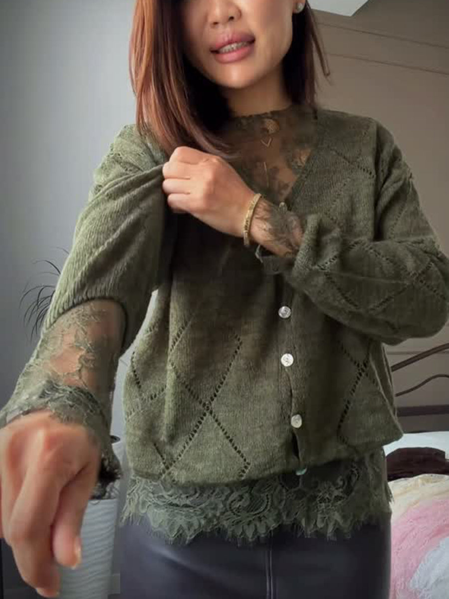 Two-piece Set Featuring A Chic Lace Inner Top And An Openwork Knit Cardigan