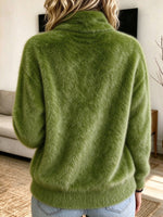 Cozy Bright Green Plush Knit Cardigan With A Stand-up Collar