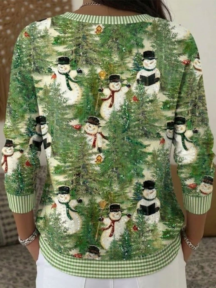 Christmas Snowman And Pine Tree Print Henley Knit Sweater