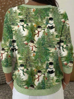 Christmas Snowman And Pine Tree Print Henley Knit Sweater
