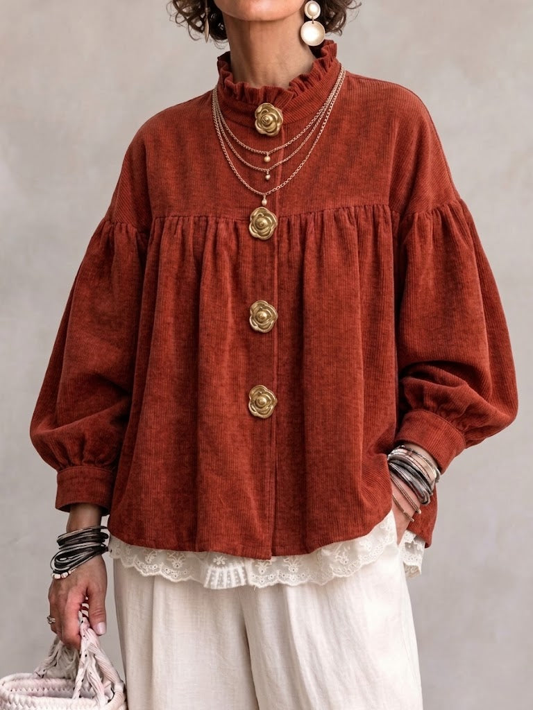 Loose-fit Corduroy Jacket With Lettuce-edge Stand Collar, Floral Details, And Metal Buttons