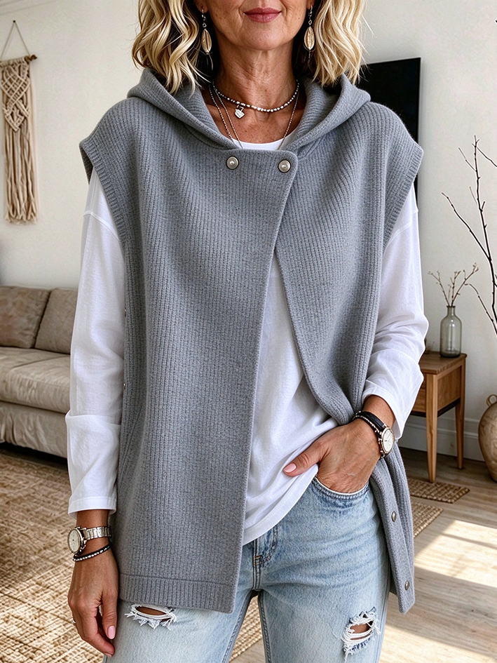Casual Snap-button Hooded Knitted Sweater Vest