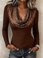 Women's Cowl Neck Leopard Print Spliced Long Sleeve Top