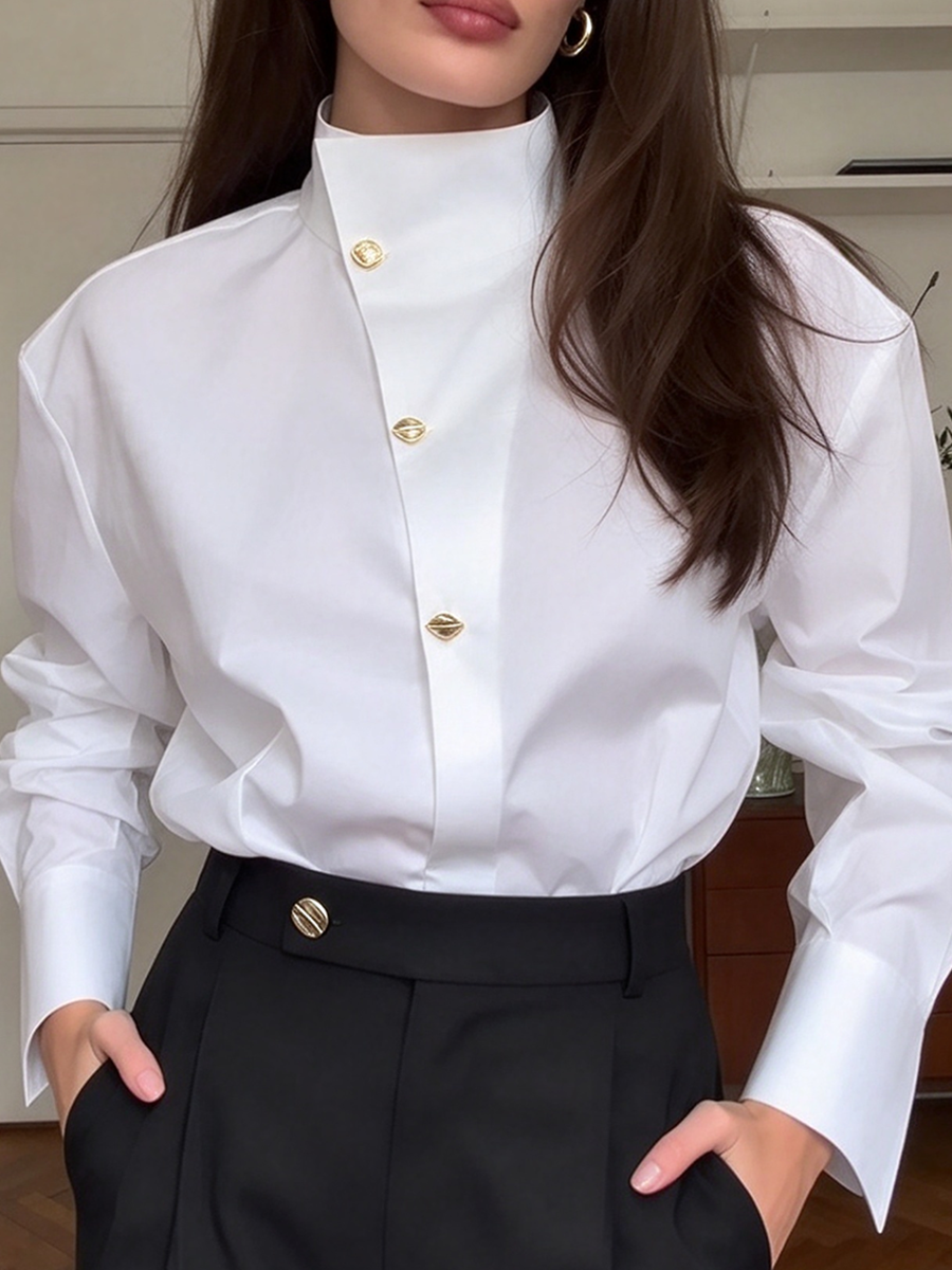 Elegant Professional Chic High Collar White Long-sleeve Shirt