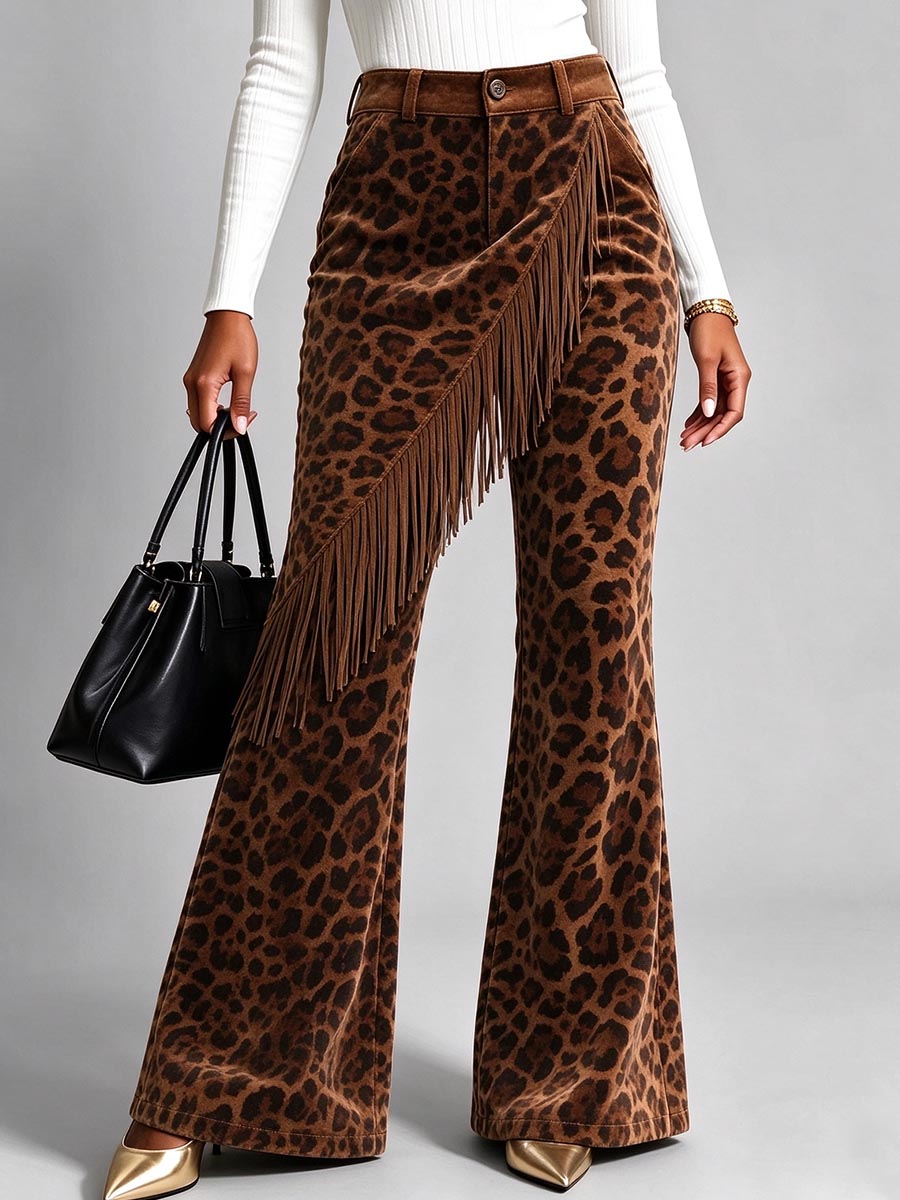 Women's Leopard Print Flare Pants With Asymmetrical Fringe