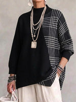 Mock Neck Plaid Spliced Asymmetrical Loose Knit Sweater