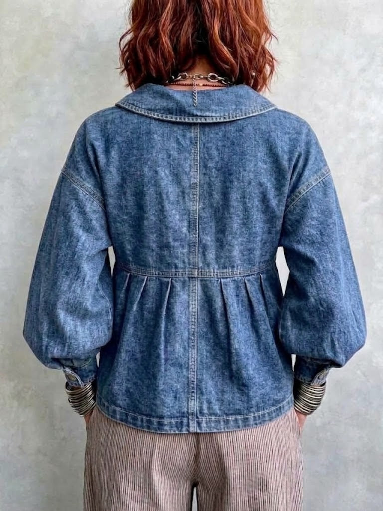 Vintage-style Denim Jacket With A Peter Pan Collar, Puff Sleeves, And Floral Metal Buttons