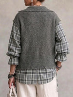 Collared Knit Top With Plaid Paneling (faux-layered Style)